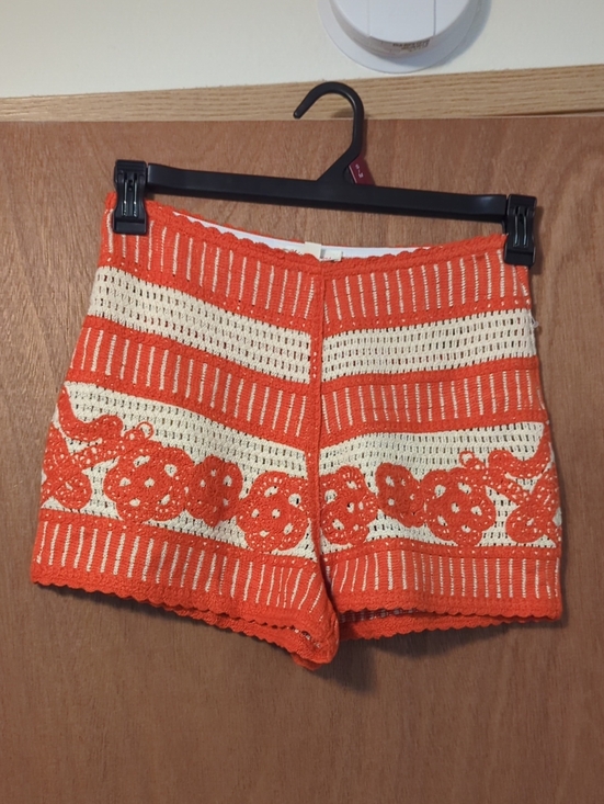 Chic Happens Pants - High Waist Crochet Knit Shorts in Orange & Cream